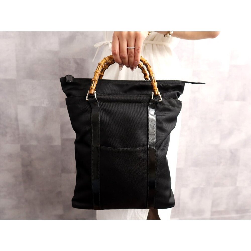 Gucci Bamboo Enamel Patent Vernis Leather Leather Handbag Black Silver Hardware